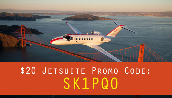 JetSuite Deals: Get $20 with the JetSuite promo code SK1PQO (through the refer a friend program)